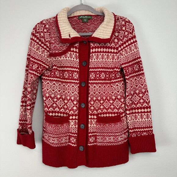 Eddie Bauer Cardigan Womens Small Red Fair Isle Lambswool Sweater Christmas Cozy - Picture 4 of 11